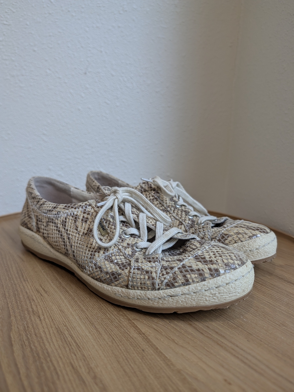 Josef Seibel Beige Snake-Print Lace-Up Leather Sneakers